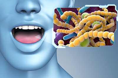 The image shows a 3D rendering of a human face with an open mouth, superimposed with a microscopic view of bacteria and viruses, suggesting a connection between oral health and the immune system.