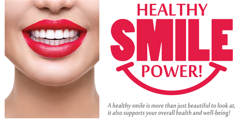 The image shows a close-up of a person with red lipstick, smiling at the camera. Below the person s face is a text overlay that reads  HEALTHY SMILE POWER  in large, bold letters.